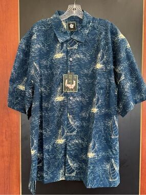 New Aureus Silk Blend Shirt Size XL New With Tags Navy Blue With Sails Print New